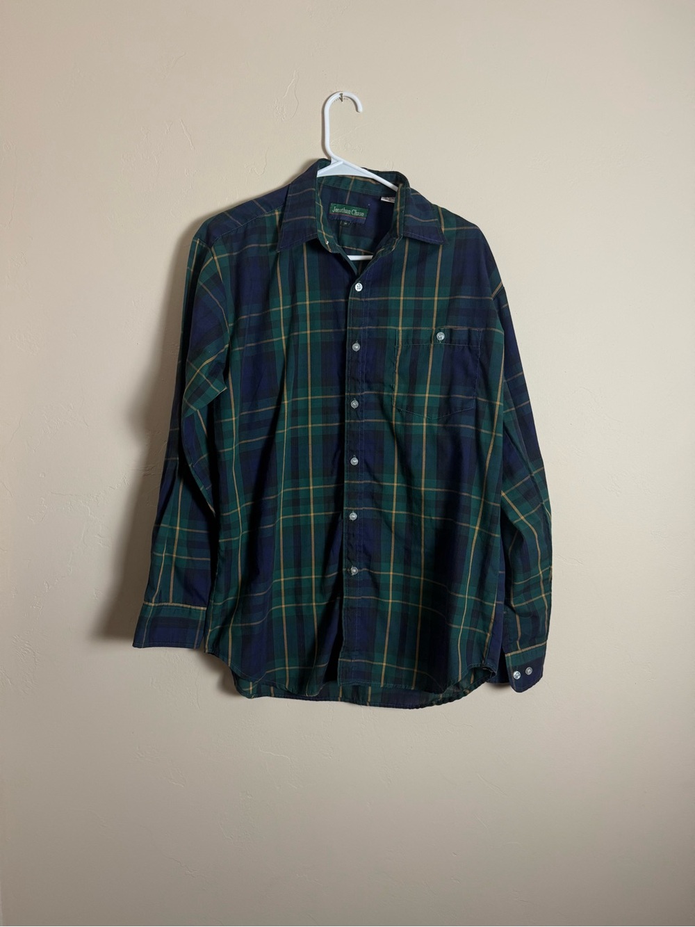 Jonathan Chase 90s Men's Green & Navy Plaid Button-Up Shirt